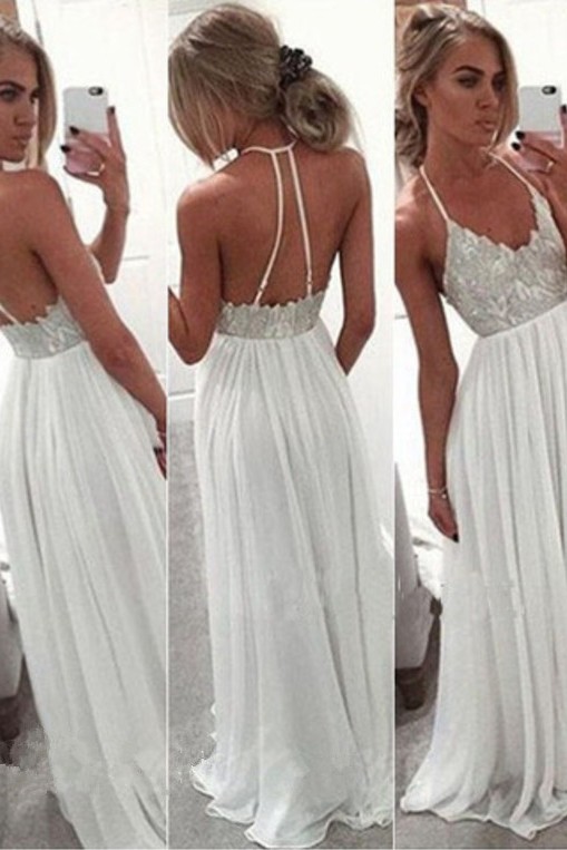Open-Back A-Line Spaghetti-Strap Long Lace White Chiffon Summer Prom Dress BA2815