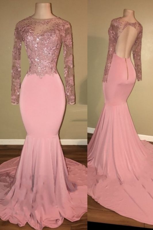 Open Back Long Sleeve Beaded Lace Appliques Pink Shiny Mermaid Prom Dresses