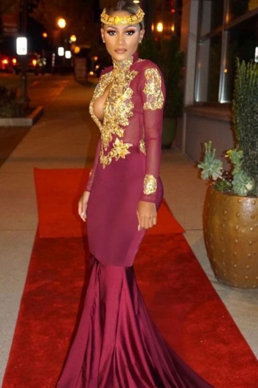 Long-Sleeves Open-Back Burgundy Mermaid Gold-Appliques Keyhole Prom Dresses