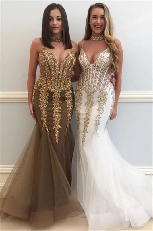 Sweetheart Spaghetti Golden Appliques Tulle Sexy Mermaid Prom Dresses