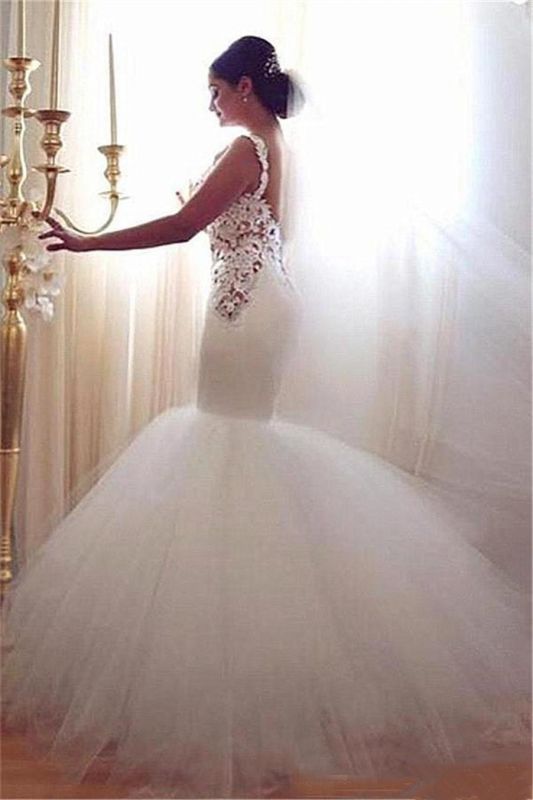 Lace Appliques V-Neck Sexy Mermaid Wedding Dresses  Online Sleeveless Tulle Bridal Gowns