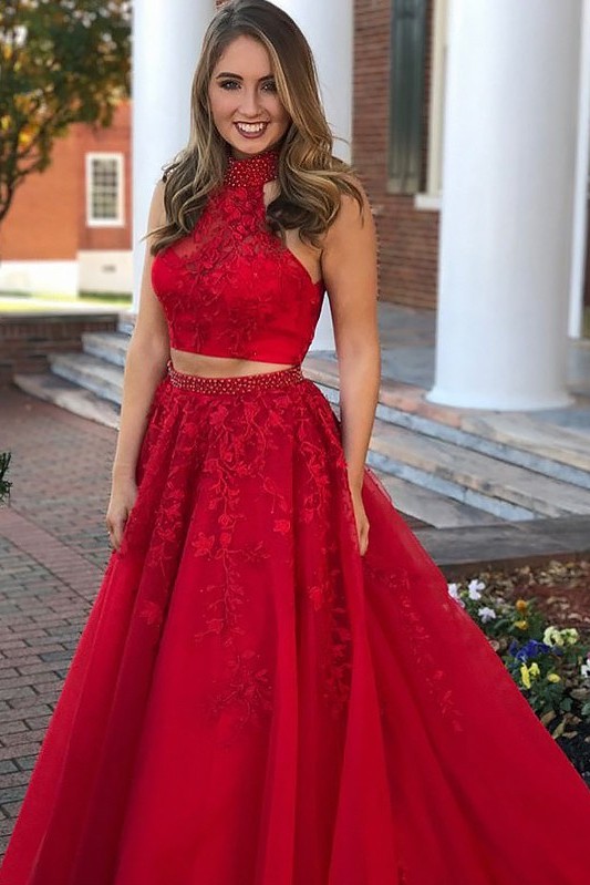 Delicate High Neck Red Tow Piece Evening Dress | A-line Evening Gown