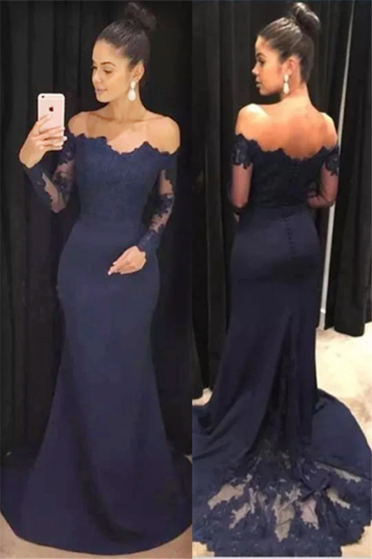 Long Sleeve Navy Blue Formal Dresses |  Lace Long Prom Dresses