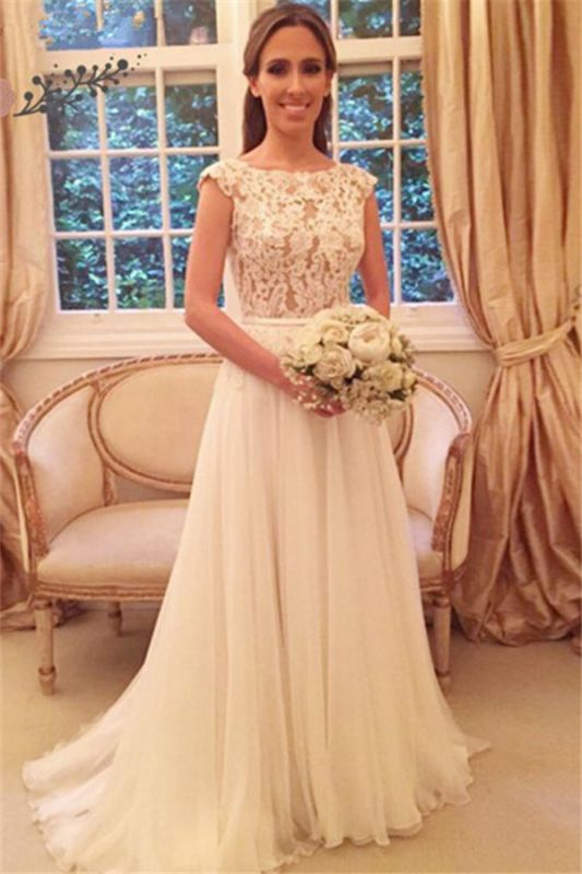 Lace Tulle Online-Back Elegant Button A-Line Wedding Dresses