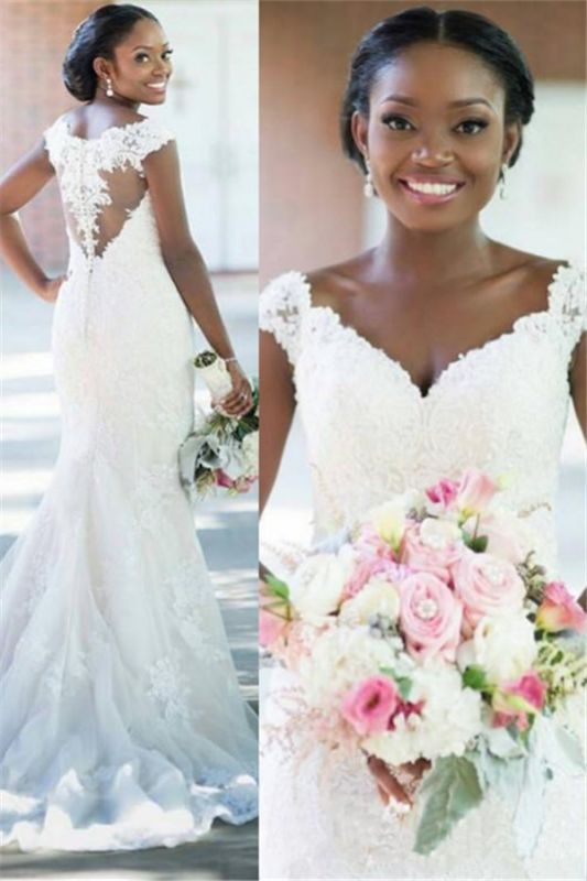 Sheath Elegant Sleeveless V-neck Beautiful Lace Tulle Wedding Dresses