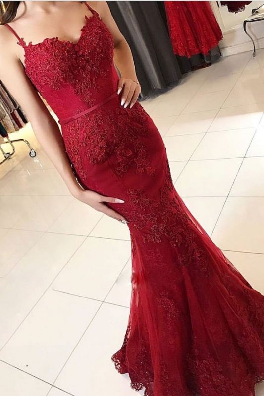 Delicate Red Spaghetti Strap Prom Dress | Mermaid Prom Dress