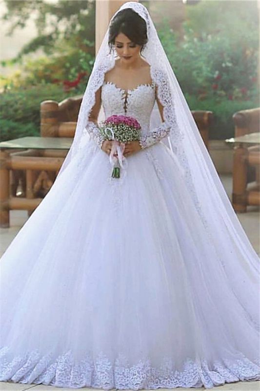 Long Sleeve Bridal Dress  Online | Tulle Lace Appliques Popular Ball Gown Wedding Dresses