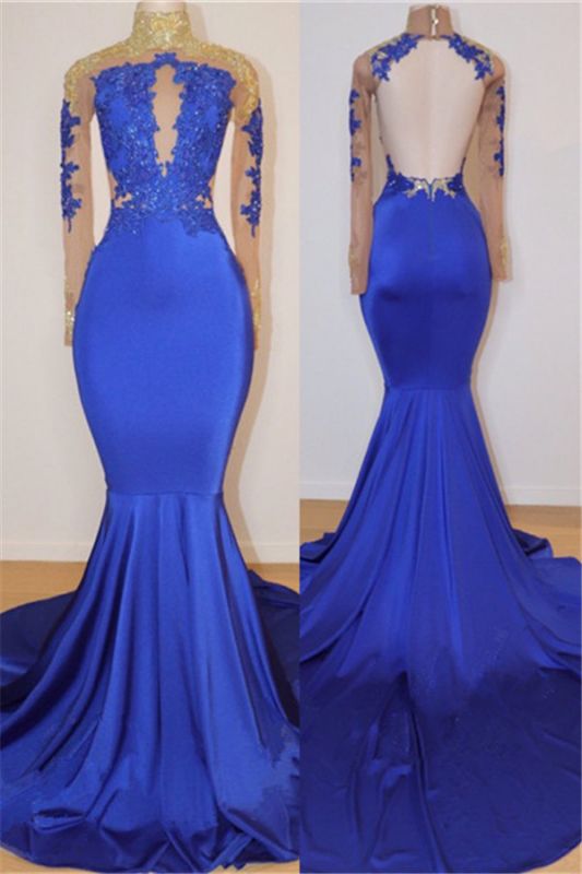 2021 Royal Blue cuello alto vestidos de baile baratos | Vestido de noche de espalda abierta con apliques de sirena BC0717