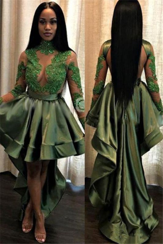 Robe de bal longue en dentelle transparente à manches longues | Robes formelles bon marché Hi-lo vert foncé