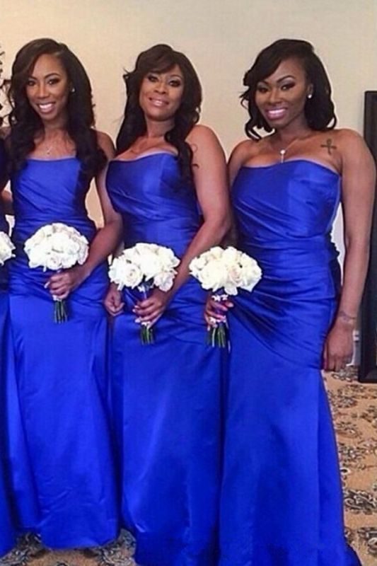 Royal-Blue Elegant Strapless Long Ruched Floor-Length Bridesmaid Dress