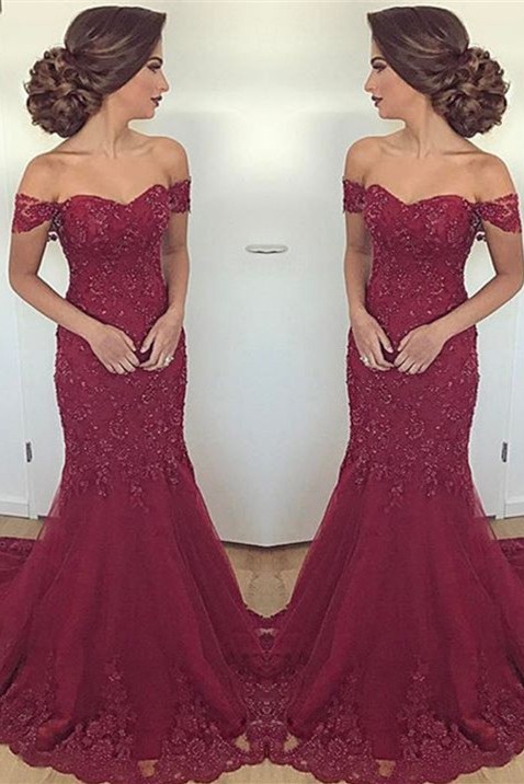 Lace Glamorous Burgundy Mermaid Appliques Long Off-the-Shoulder Evening Dress
