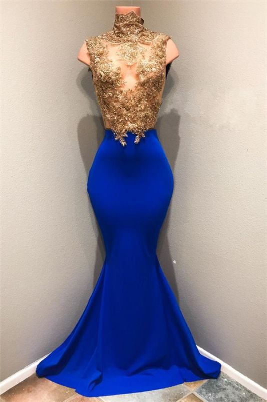 royal blue high neck mermaid lace Appliques Prom Dresses ,Prom Dresses