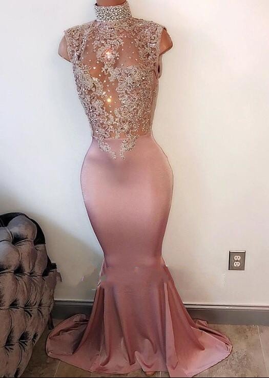 Lace Appliques Modest High Neck Sleeveless Pearls Mermaid Prom Dresses  BA4598