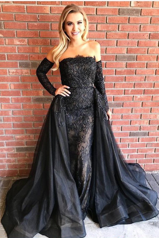 Over-Skirt Black Strapless Gorgeous Sheath Embroideries Prom Dresses