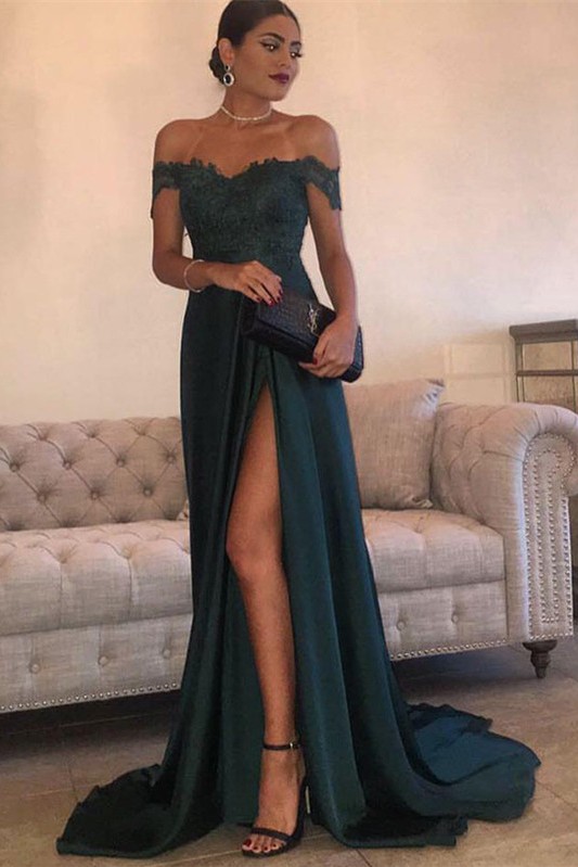 Long Lace Off-the-Shoulder Floor-Length Split Elegant Evening Dress