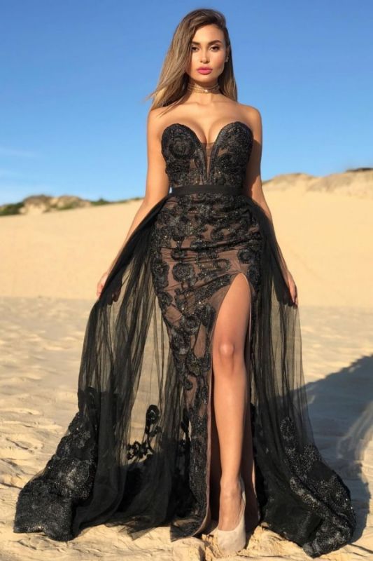 Sexy Black Sweetheart Prom Dresses Lace | Beaded Side Slit Overskirt  Formal Dress Long