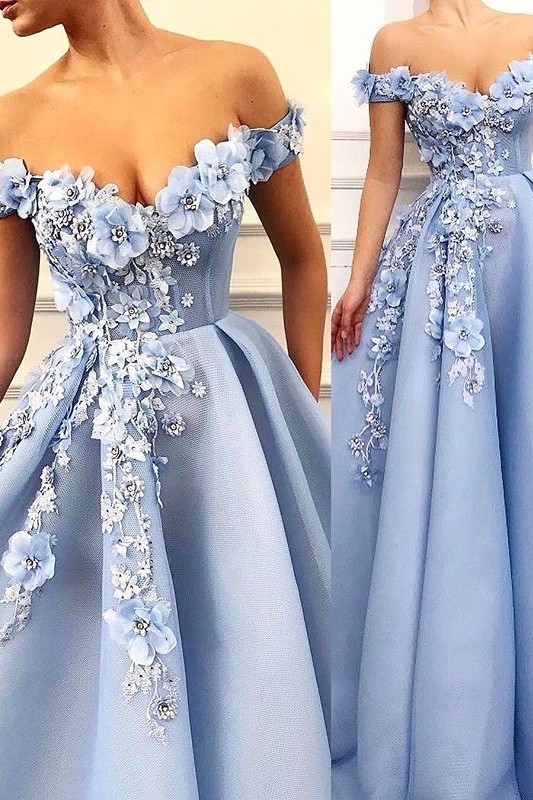 Glamorous Off-The-Shoulder Flower Appliques Sleeveless  Prom Dress