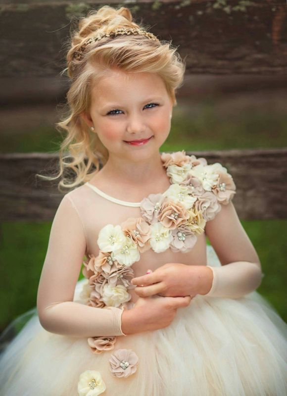 Vestido de fiesta con cuello de joya para niña de flores floral en 3D de tul de manga larga para niños