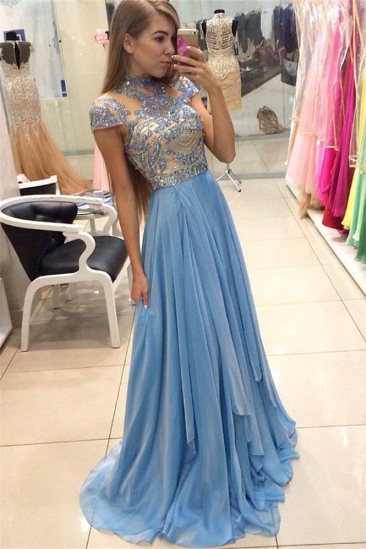 Chiffon Romantic Long Sky-Blue Crystals High-Neck A-line Prom Dresses