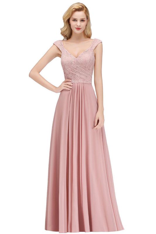 MARIA | A-line Long V-neck Sleeveless Lace Top Chiffon Bridesmaid Dresses