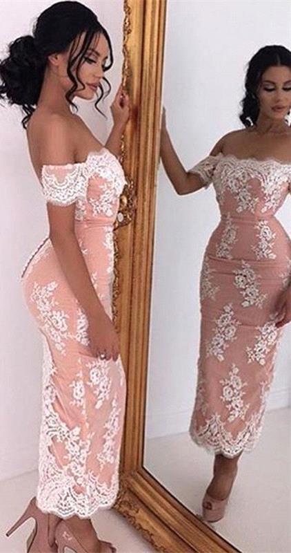 Tea-Length Sexy Off-the-shoulder Lace Bodycon Prom Dress