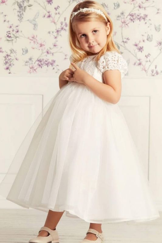 Cute Jewel Puffy Sleeves A-line Encaje Tulle Vestidos de niña de flores blancos con cinturón