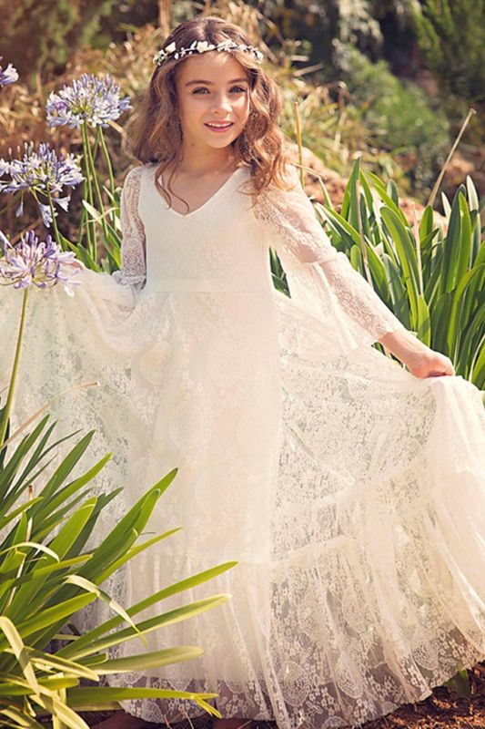 Boho Flower Girl Dress Long Sleeves Lace Pageant Dress for Kids