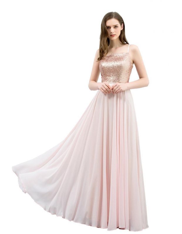 JORDYN | A-line Floor Length Spaghetti Sequined Top Chiffon Prom Dresses