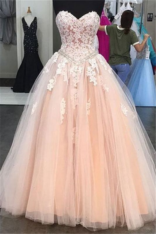 Lace Appliques Puffy Tulle Pink Sweetheart Neck  Evening Dress
