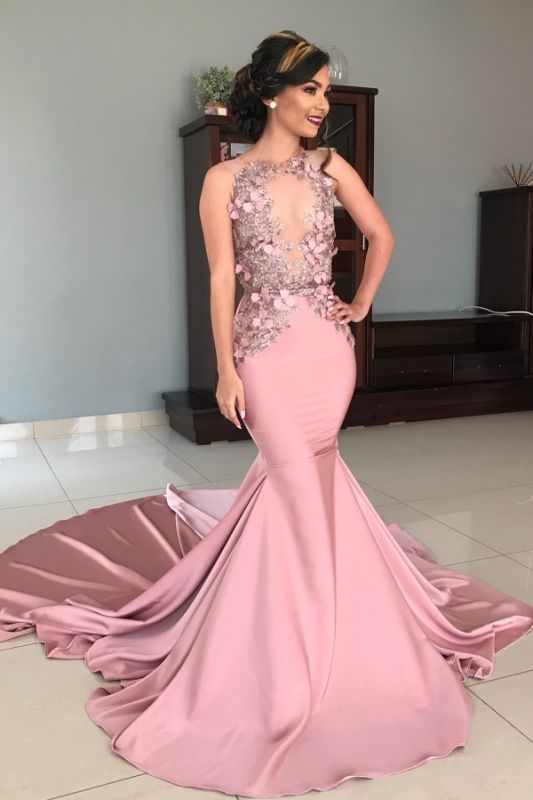 Sheer Tulle Pink Lace Appliques Prom Dresses | Mermaid Sleeveless Sexy Evening Gowns with Court Train
