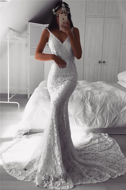 Modern Beautiful Lace V-neck Mermaid Wedding Dresses | Custom Made Online  Bridal Gowns