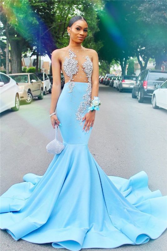 Mermaid Sheer Tulle Sexy Prom Dresses  for Juniors |  Crystals Sky Blue Evening Gowns YJ0006