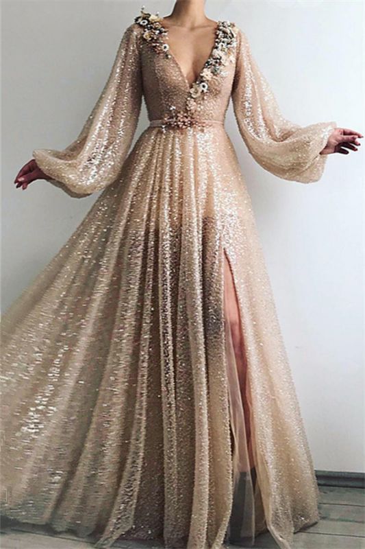 Paillettes scintillantes robe de bal manches longues | Robe de bal sexy fendue devant avec encolure en V