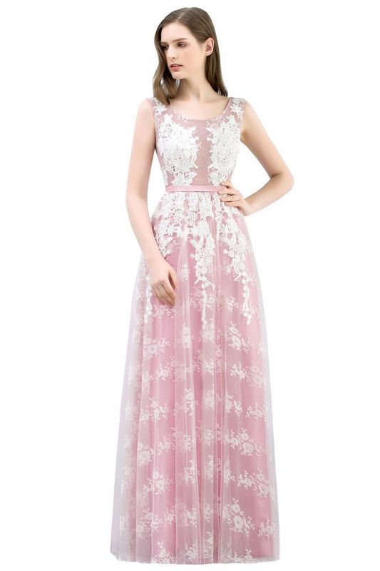 JORDAN | A-line Sleeveless Floor Length Tulle Appliqued Prom Dresses with Sash