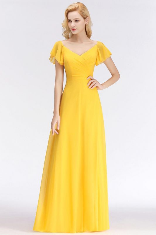 Vestido de dama de honor largo hasta el suelo barato de manga corta amarillo simple