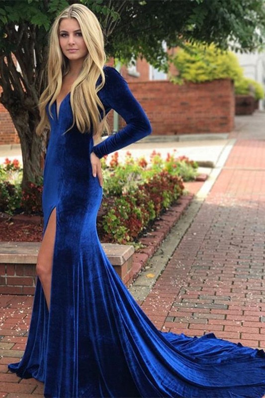 Royal blue mermaid prom dress,long sleeve evening dress with slit