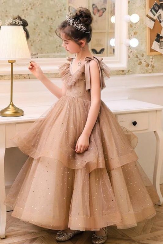 Robe de princesse deux couches en tulle à manches bouffantes et col en V pour petites filles