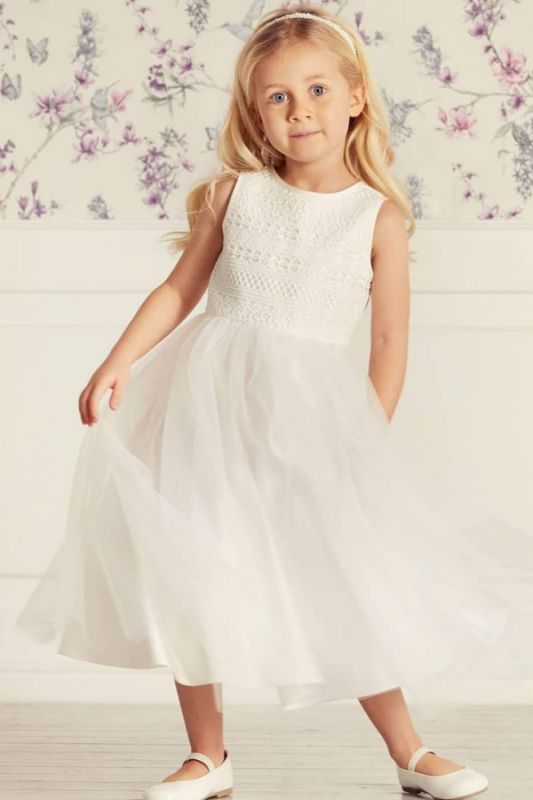 Robe de fille de fleur en dentelle de tulle Robe de fête d'anniversaire à col bijou