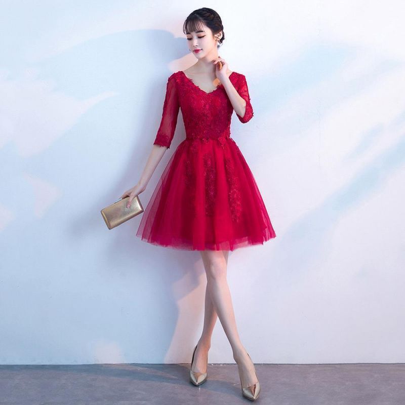 MARGE | A-line V-neck Half Sleeves Tulle Appliques Homecoming Dresses