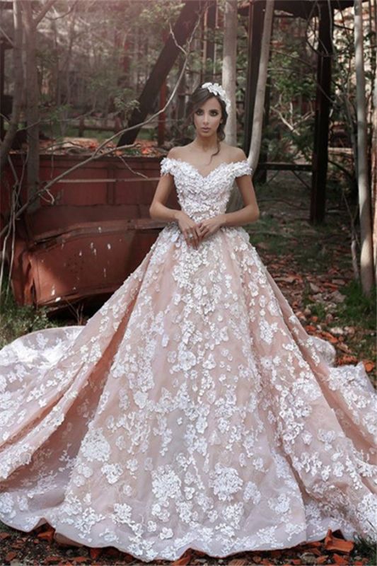 Sexy Pink Off The Shoulder Wedding Dresses |  Lace Appliques Chapel Train Bridal Dresses