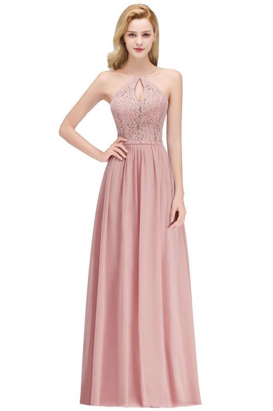 MADELEINE | A-line Keyhole Neckline Lace Top Long Spaghetti Bridesmaid Dresses