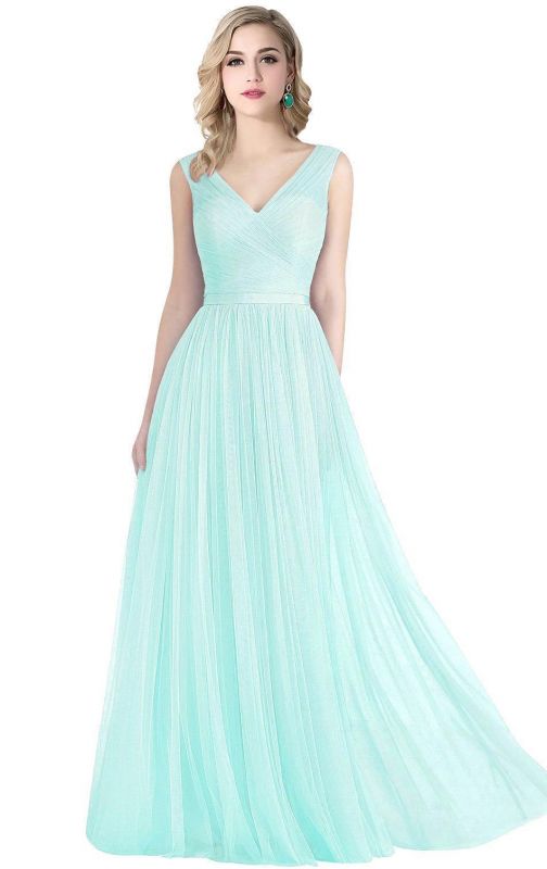 ELLIOT | A-line Sleeveless V-neck Floor-length Tulle Bridesmaid Dresses