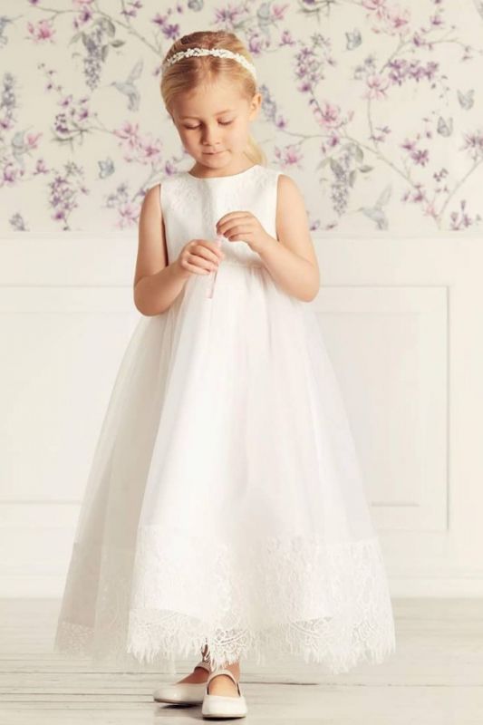 Precioso vestido de princesa sin mangas para niña, vestido de encaje de tul con cuello joya para niña novia