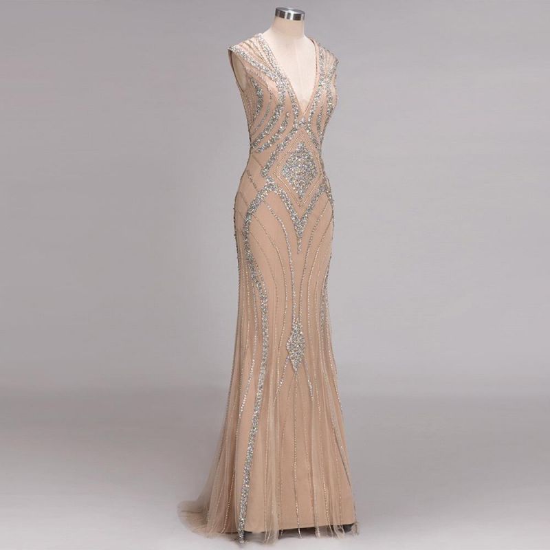 V-Neck Long Gorgeous Mermaid Crystal Sleeveless Beadings Prom Dress ...