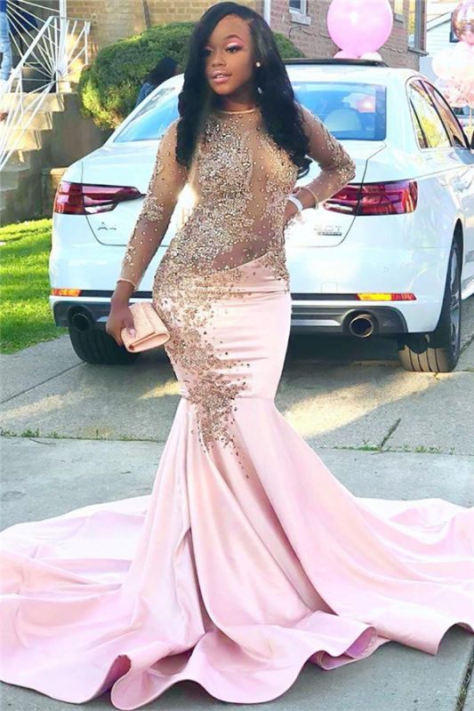 Long Sleeve Mermaid Pink Prom Dresses  | Sparkling Beads Sequins Sheer Tulle Sexy Evening Gowns JY0002