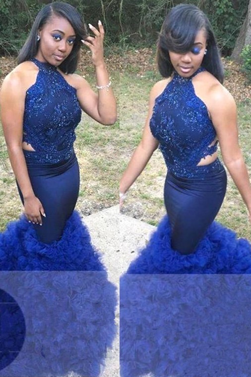 Royal Blue Halter Sleeveless Prom Gown | Sexy Flower Appliques Mermaid Evening Dress
