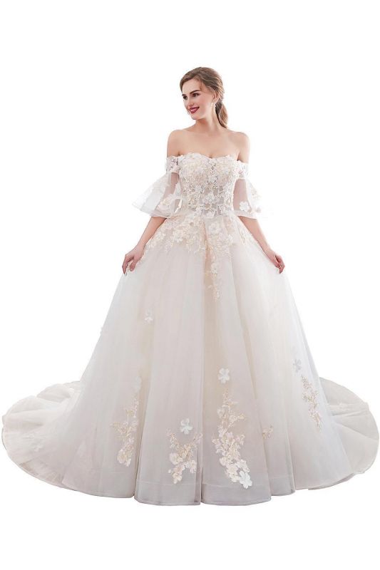 Sexy Off The Shoulder Floor Length Lace Appliques Tulle Ball Gown Wedding Dresses