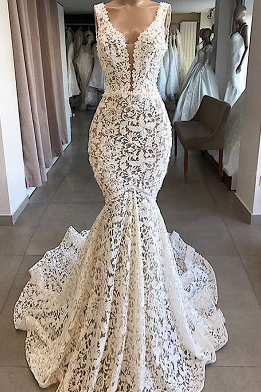 Vestido de novia de sirena de encaje floral con cuello en V glamoroso Vestidos de novia largos sin mangas