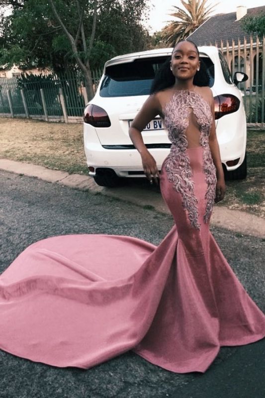 Mermaid Pink Prom Dresses for Juniors | Appliques Sexy Illusion Evening Gowns with Long Train