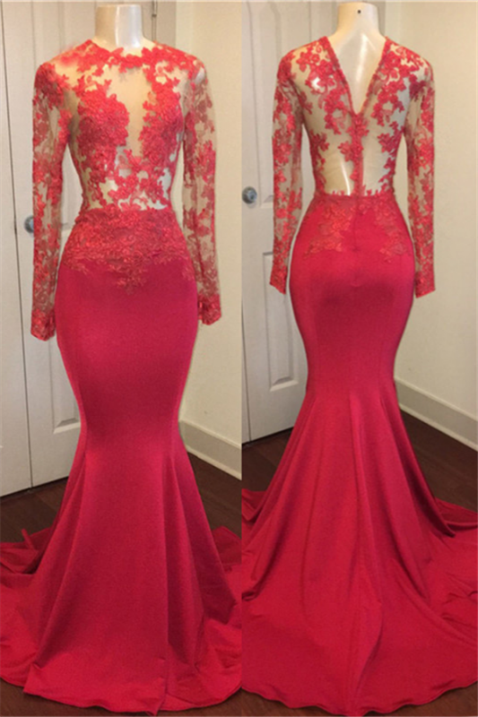 Red Lace Appliques Mermaid Prom Dresses with Sleeves on Mannequins